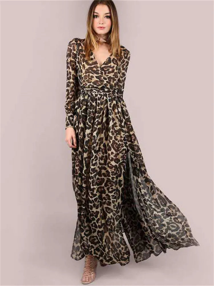 Dress Women Long Sleeve 2023 Autumn New Temperament Casual Chiffon Dress Fashion V Neck Leopard Big Hem Dresses With Belt