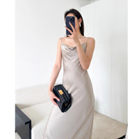 Ele Satin Acetate ter Dr Women's Smooth Glossy Tee-Vein Neline Strapl Midi Skirt Four Colors Available