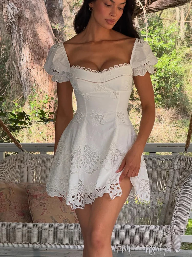 Lace Hollow Out Mini White Dress Chic Women Short Bubble Sleeve Square Neck A-line Pleated Dresses 2026 Lady Holiday Beach Robe