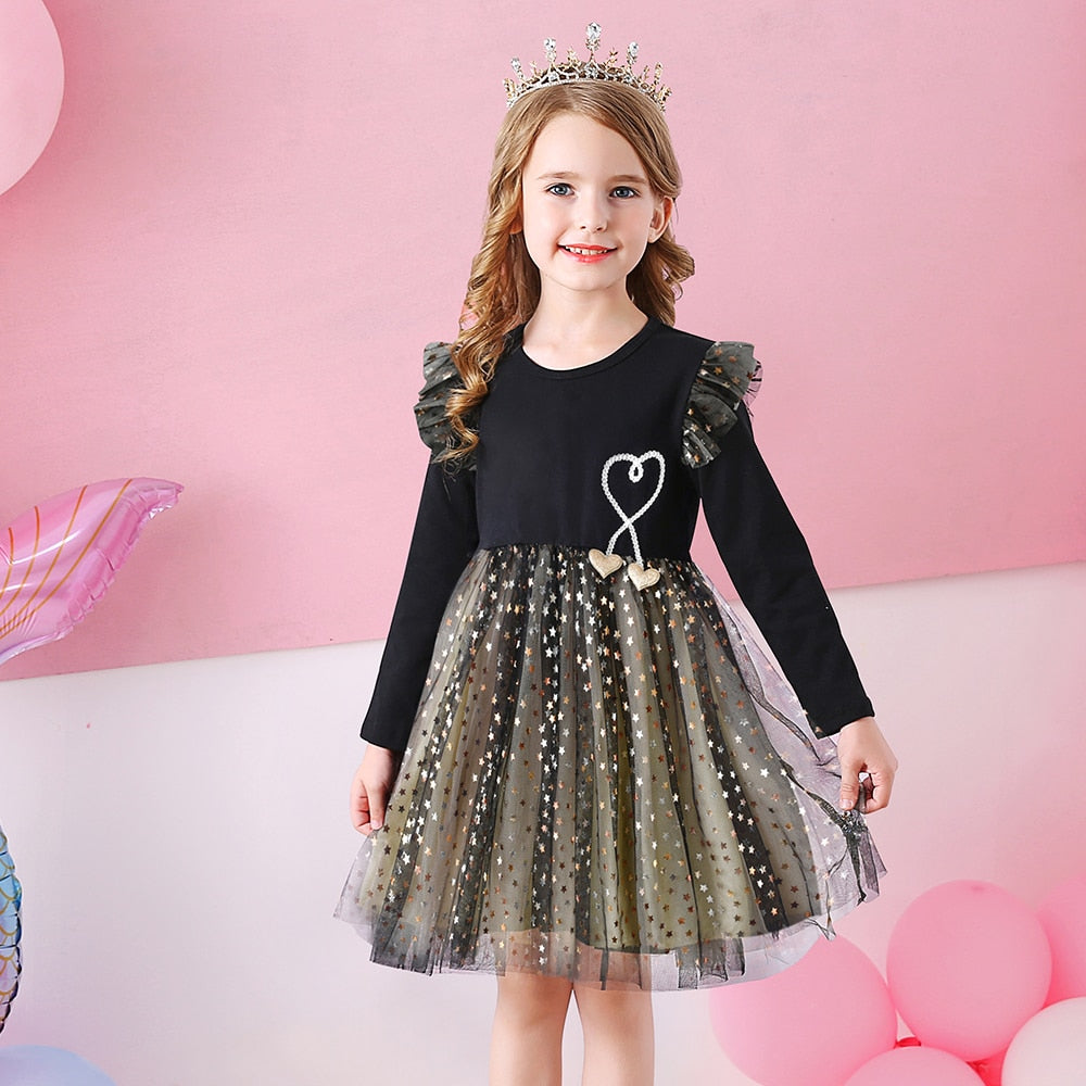 DXTON Princess Kids Dress Heart Sequined Girls Dress Winter Long Sleeve Children Clothing Tutu Flare Sleeve Kids Party Dresses