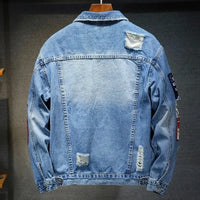 Men Brand Denim Jacket Hip Hop Streetwear Punk Motorcycle Ripped Print Cowboy Outwear High Quality Casual Hole Male Jeans Coat