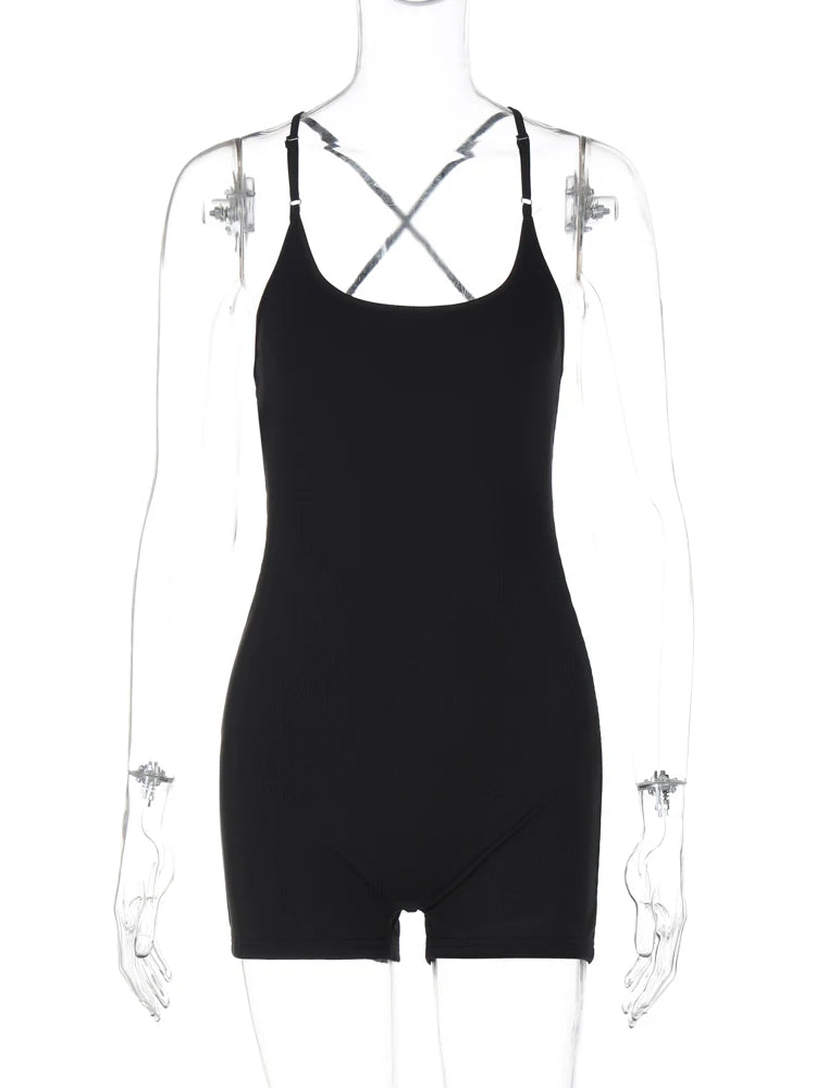 Hugcitar Black Square Collar Backless Sexy Bodycon Playsuit 2024 Summer Women Fashion Clothes Sport Yoga Streetwear Rompers