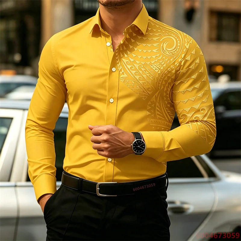 2026 New Men's Long-Sleeve Shirt, Fashionable Pattern Print, Slim Fit, European Size Business Casual Men's Top, Sizes XS-6XL