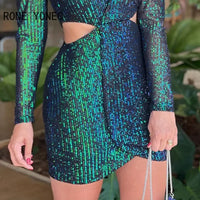 Women Chic Solid Sequins Deep V Neck Sexy Long Sleeves Midriff Mini Party Dresses