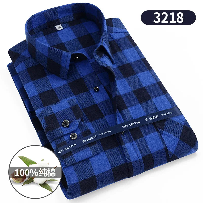 S-11XL Plaid Flannel Shirts For Men's Long Sleeve Cotton Fashion Design Young Casual Standard-Fit Thick Man Shirt Blouse Clothes