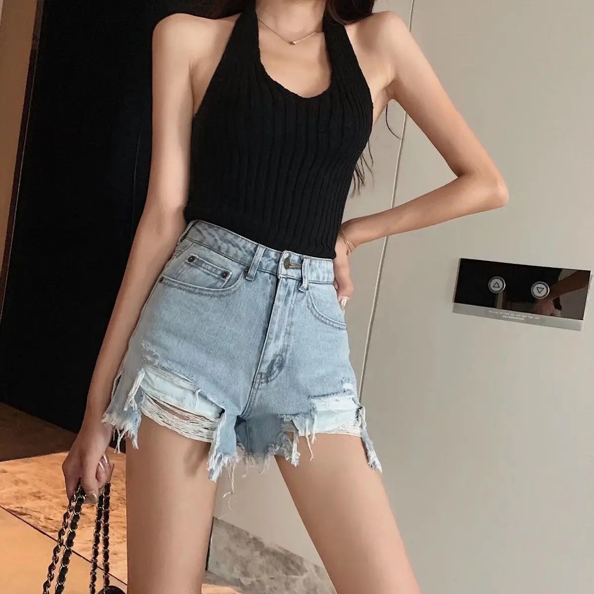 Ripped Denim Shorts for Women with High Waist and Hip Loose A-line Wide-leg Hot Pants
