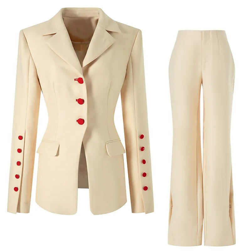 Two Piece Sets Blazer Pants Beige Women Office Single Breasted Red Button Personalized Tailoring Blazer Pantsuits Formal Suit