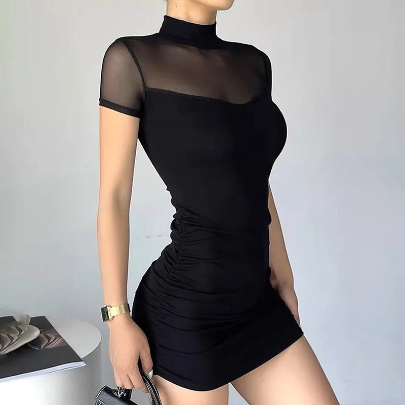 Sexy Pure Color Mesh Splice Design Halter Neck Sleeveless Dress Mini Skirt Length Q23DS261 for Women New Summer Style