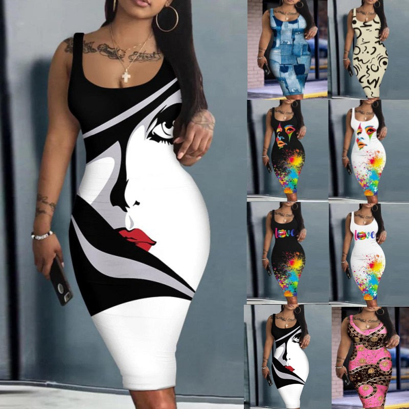 Summer Daily Dresses for Women 2023 Fashion Tie Dye Print Sexy Party Sleeveless U-Neck Bodycon Casual Dresses