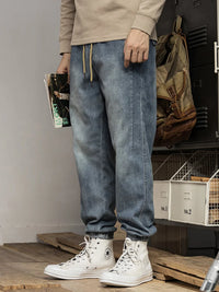 Classic Washed Blue Denim Jeans for Men American Minimalist Loose Tapered Pants Versatile for Outdoor Wear Elastic Waistband
