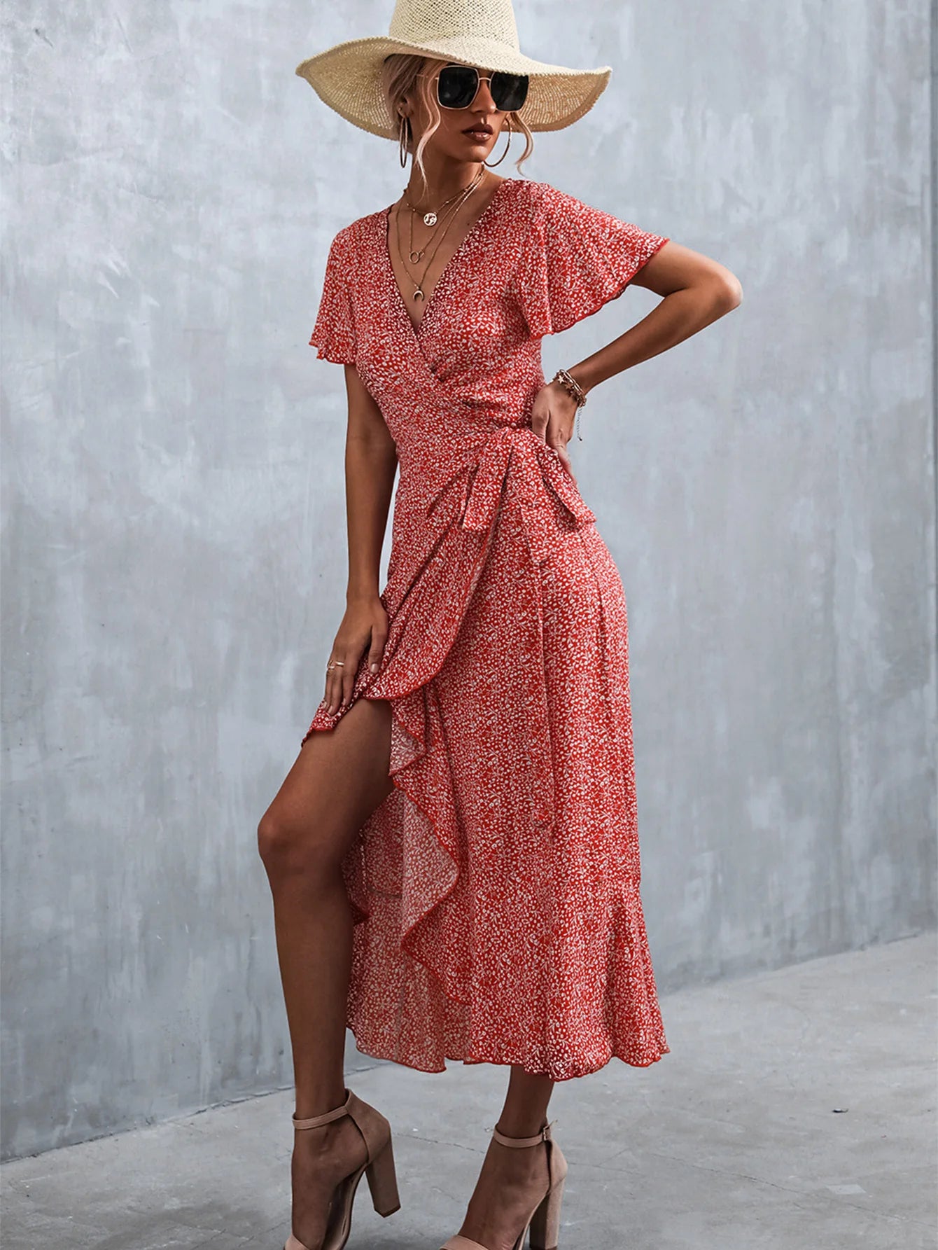 Women's Floral Print Maxi Dress, Boho Long Chiffon Dress, Ruffles Wrap, V-Neck, Split Sexy Party Dress, Summer Beach Dress, New