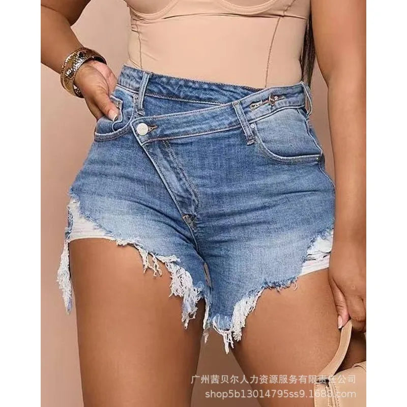 Women Vintage Summer High Waist Irrgular Short Jeans Y2K INS Clothing Streetwear Buttoned Ripped Pocket Denim Shorts