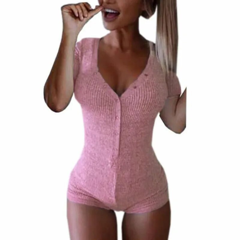 2023 New Sexy Bodysuits Women Rompers Club Lady Button Neck Short Sleeve Solid Bodycon Slim Femme Cotton Knit Body Suit GV282