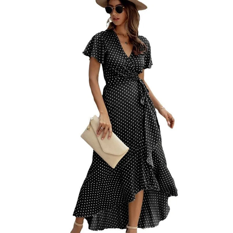 Daisy Fragmented Flowers Summer Sexy V-neck Ruffle Edge Dresses Lace Up Short Sleeve Long Commuter Elegant Fresh Sunflower Dress