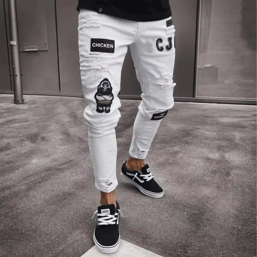 Punk Plus Size Pants Men Skinny Ripped Hole Patchwork Jeans Slim Pencil Denim Hip Pop Trousers Autumn Winter Streetwear Men's