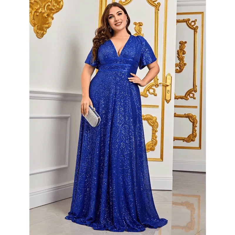 Plus Size Blue Sequins Shiny Maxi Evening Dress 4XL5XL Luxury V Neck Short Sleeve Loose 2023 Summer Plus Size Shiny Dresses