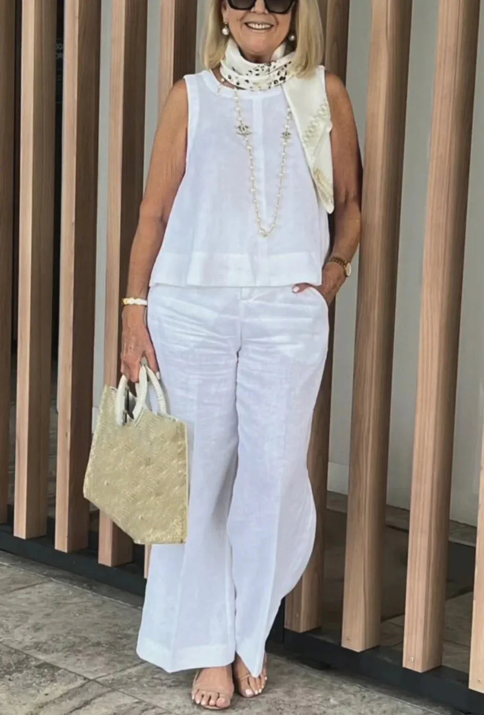 New Summer Women's Suit Sleeveless Top Wide Leg Trousers Two Piece Set Fashion Casual Solid Holiday 2 Piece Set Women Clothes