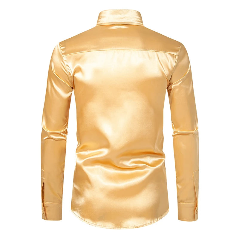 Men's Black Satin Luxury Dress Shirts Fashion Silk Smooth Tuxedo Shirt Solid Wedding Party Prom Casual Shirt Business Office