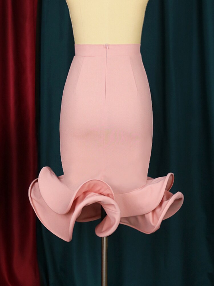 Pink Trumpet Skirt High Waist Women Sexy Package Hip Flare Fishtail Sheath Ruffles Elegant Party Event Occasion Femme Jupes 2023