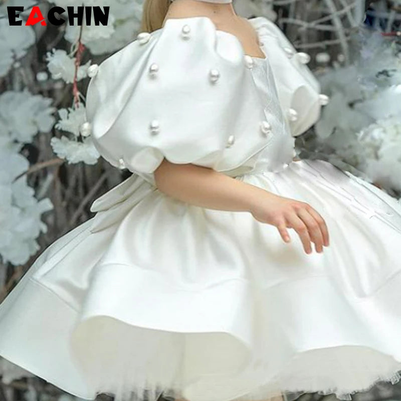 Baby Girls Birthday Dress Kids Elegant Retro Princess Dresses New Fashion Puff Sleeve Pearls Prom Dress for Girl Party Clothing