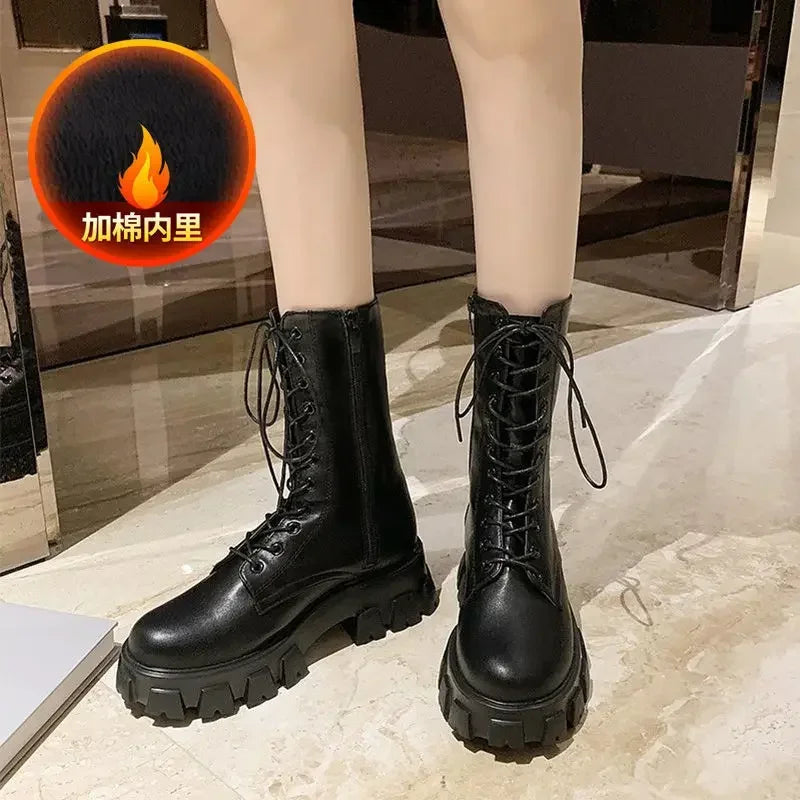 Boots Women New Mid Calf Autumn Winter Fashion Lace-up Ladies Chelsea Zipper Botas Mujer Boots Sports Platform Heel Ladies Shoes