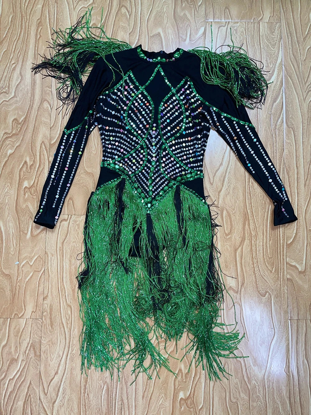 Sparkly Rhinestones Tassel Leotard Sexy Dance Costume Crystals Black Green Fringes Bodysuit Nightclub Outfit Show Stage Wear