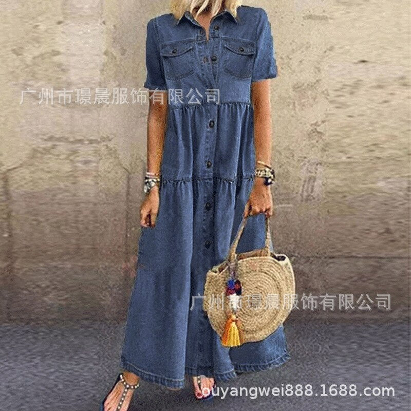 2023 Summer New Spliced Long Dress for Women Casual Solid Color Large Swing Denim Dress