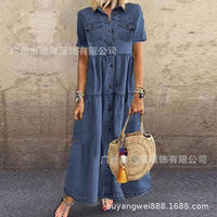 2023 Summer New Spliced Long Dress for Women Casual Solid Color Large Swing Denim Dress