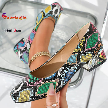2025 New Comfortable Women's Coarse Heels Single Shoes Snake Patterned Leather Shallow Mouth Square Head Female Profession Pumps