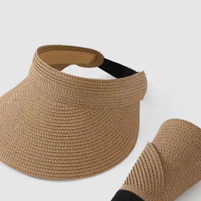UPF50+ Foldable Straw Sun Visor Hat For Women, Wide Brim UV Protection Ponytail Hollow Beach Summer Sun Hat