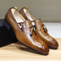 New Italian Handmade Business Casual Men Casual Shoes Pointed Leather Suede Tassel Loafers Crocodile Pattern Trendy Men's Shoes