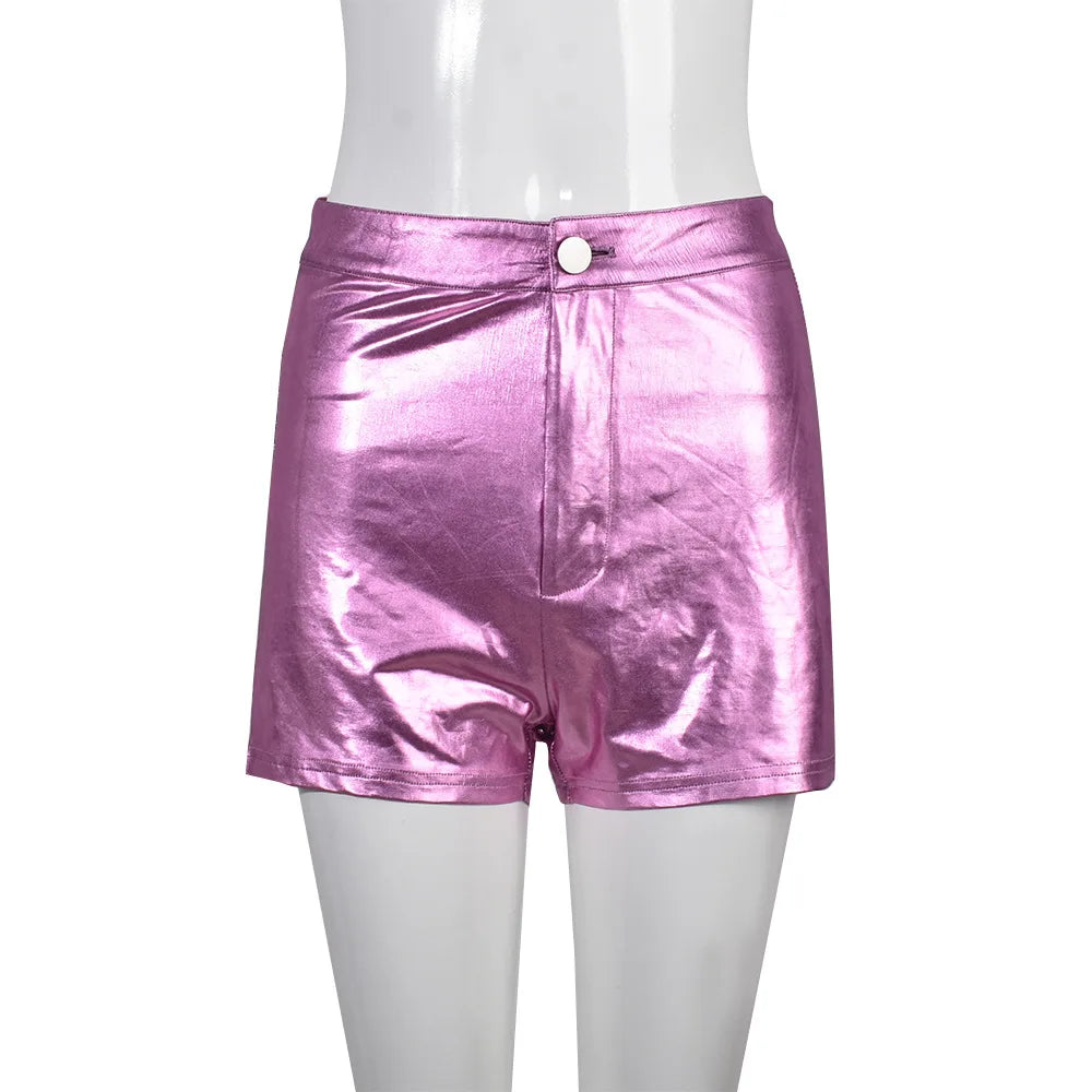 ANJAMANOR Sexy Hot Pink Metallic PU Leather Shorts Streetwear Fashion Clothes High Waist Shorts for Women Free Shipping D82-CD13