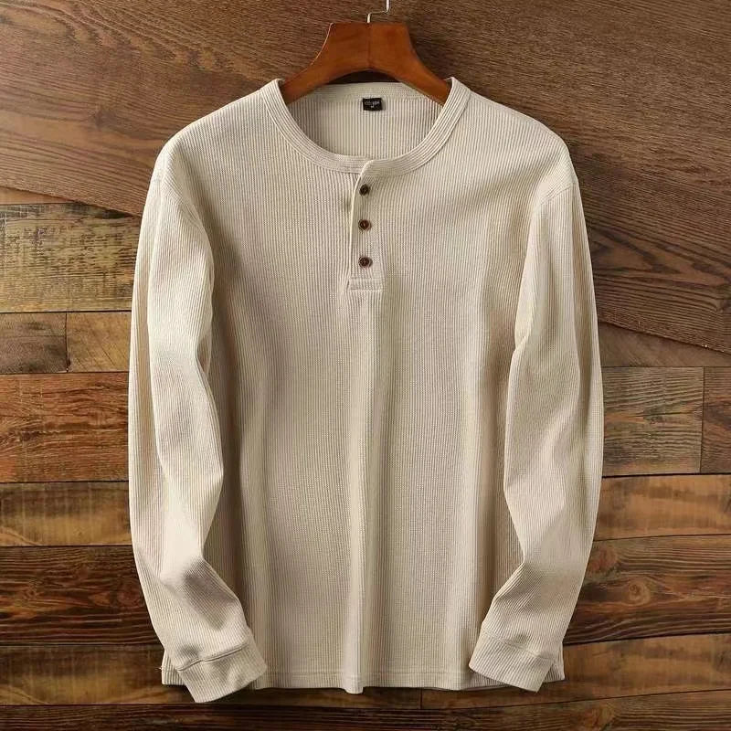 Slim Fit Mens Basic Tee Casual Tshirts Henley Waffle Long Sleeve Shirts Thermal Solid Half Button Breathable Cotton Shirts