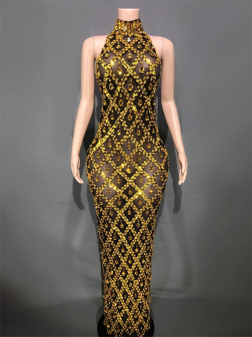 Sparkly Rhinestones Sleeveless Long Dress Elegant Dark Mesh Celebrate Evening Wedding Prom Gown Birthday Dress Photograph Wear