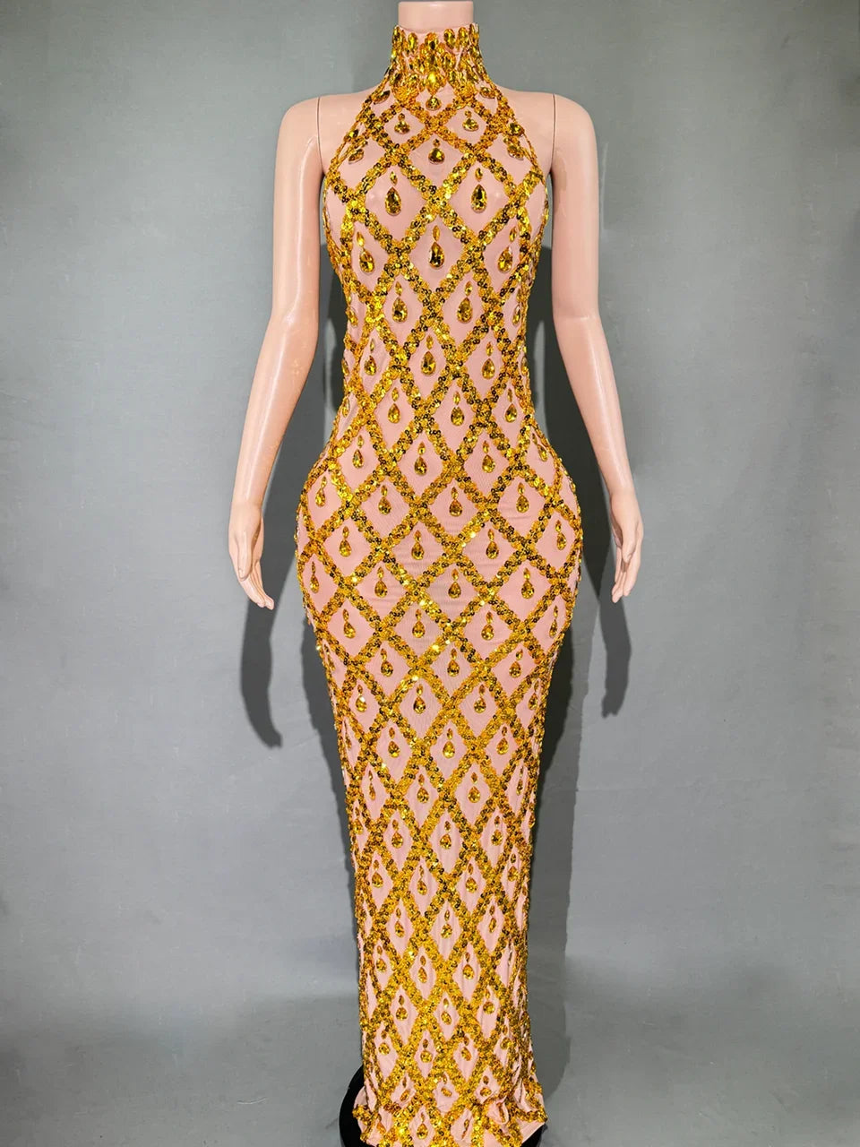 Sparkly Rhinestones Sleeveless Long Dress Elegant Dark Mesh Celebrate Evening Wedding Prom Gown Birthday Dress Photograph Wear