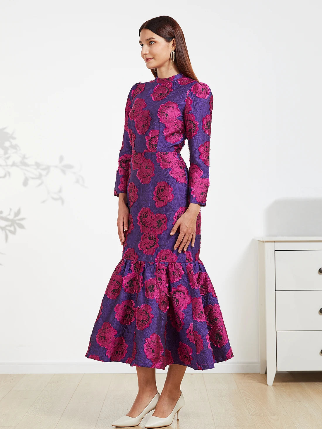 Elegant Brocade Women Maxi Mermaid Dress Long Vintage Flowers Slim Clothing Stand Collar Party Dresses Robe Femme Vestido