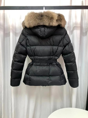 Fox big fur collar hooded Women's winter down jacket Classic model white duck down filling waist belt Slim short women's jacket