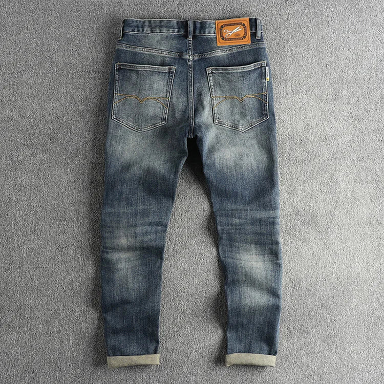 Embroidered Retro Jeans Men's High-End Quality Men's Clothing Slim-Fitting Small Straight Fashionable All-Match Youth Trousers