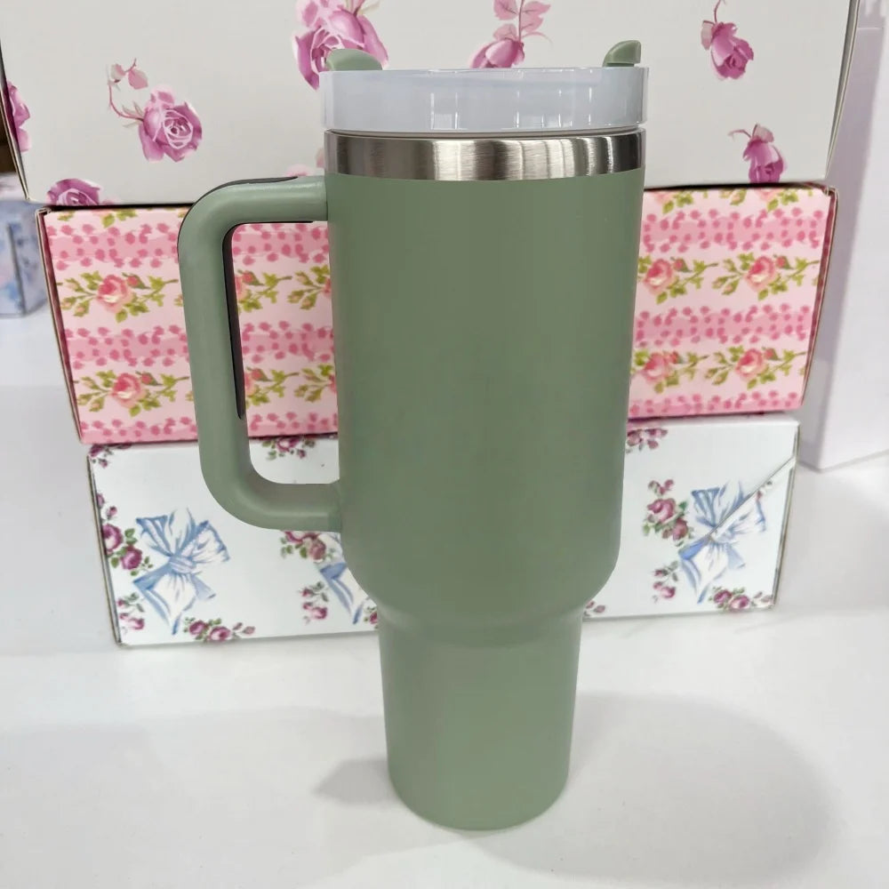 Stainless Steel Vacuum Insulated Car Cup with Dual Straw Lid, Thermal Icy Travel Handle 40oz New