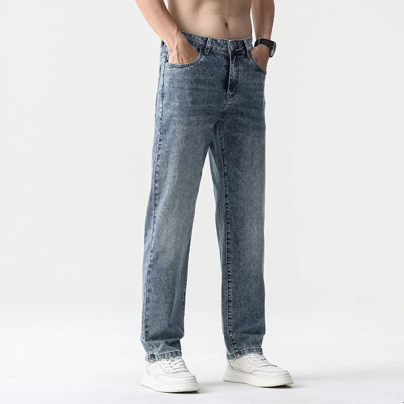 Wide Leg Jeans Men Baggy Pants Summer Straight Cut Loose Retro Blue Denim Pants Streetwear Fashion Pockets Vintage Man Clothes
