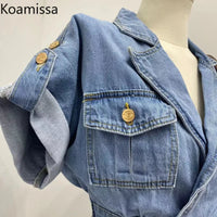 Koamissa Fashion New Women Denim Jumpsuits Ladies Short Sleeves Summer Jeans Rompers Waist Slim Causal Loose A Line Playsuits