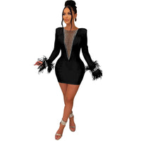 Feather Rhinestone Mesh Bodycon Mini Dress Women Night Club See Through Outfits Party Evening Sexy Diamond Prom Short Dresses