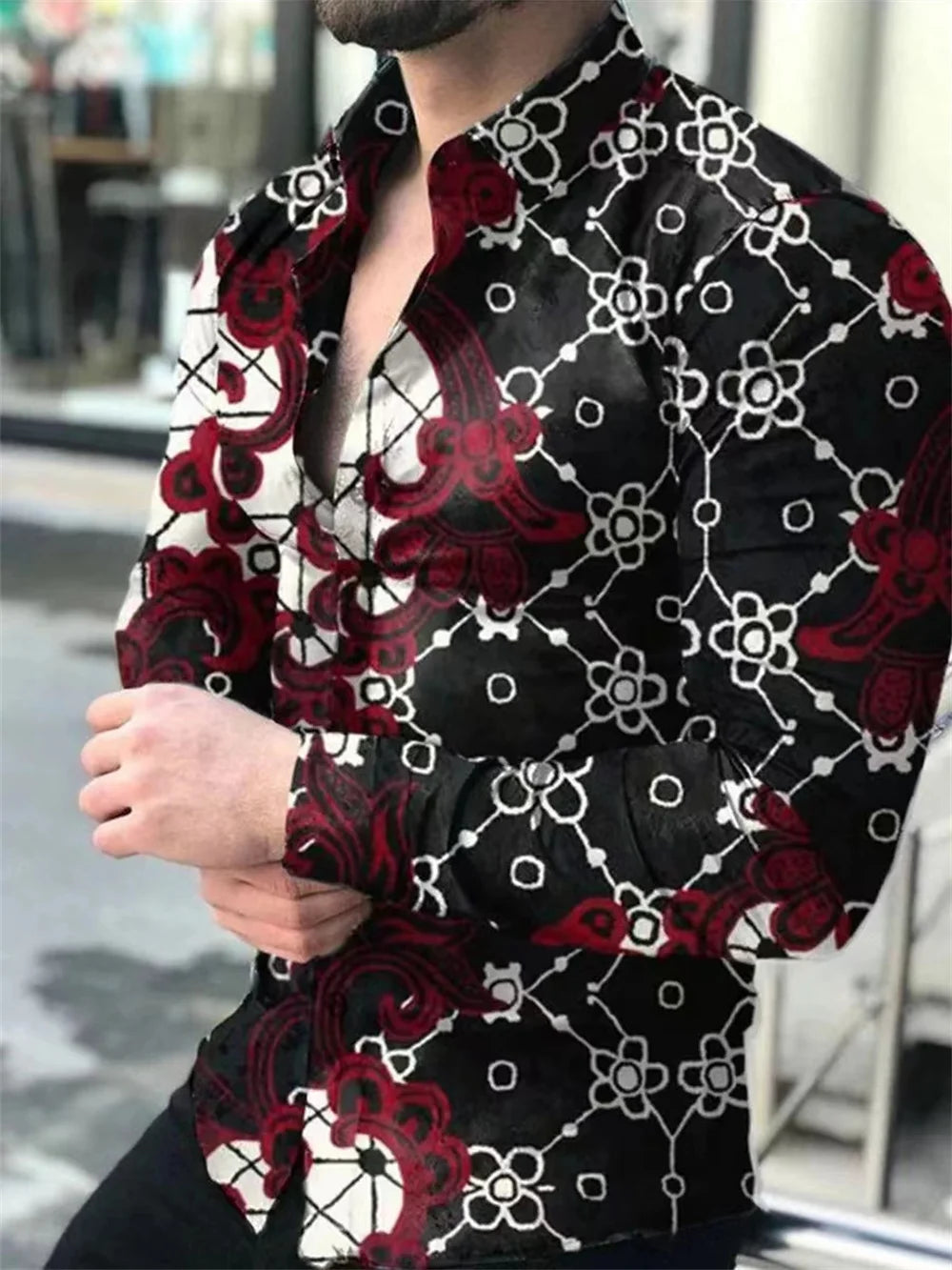 2023 men's party top luxury social men's lapel button shirt 3D printing long-sleeved shirt casual street designer clothing