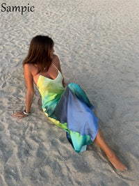 Sampic Satin Print Sexy Maxi Bodycon Beach Dress Summer Women Dye Tie Backless Elegant Party Dresses Holiday Outfits