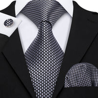 Barry.Wang Black White Gray Silver Men Tie Handkerchief Cufflinks Set Jacquard Necktie for Male Wedding Business Party Gift