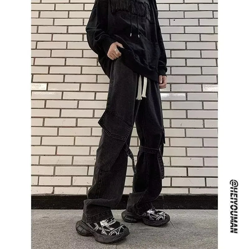 2025 Mens Workwear Jeans Multiple Pockets Loose Straight Leg Spring Autumn Wide Casual Pants  Street Fashion Long Trousers