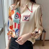 Spring and Autumn high-end shirt, women's elegant chiffon long-sleeved lapel printed top