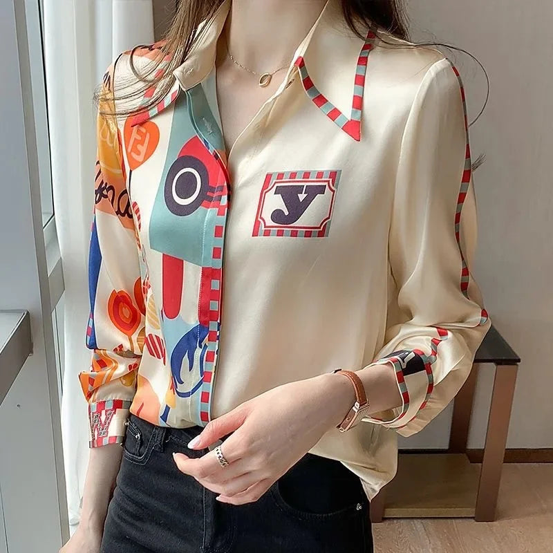 Spring and Autumn high-end shirt, women's elegant chiffon long-sleeved lapel printed top