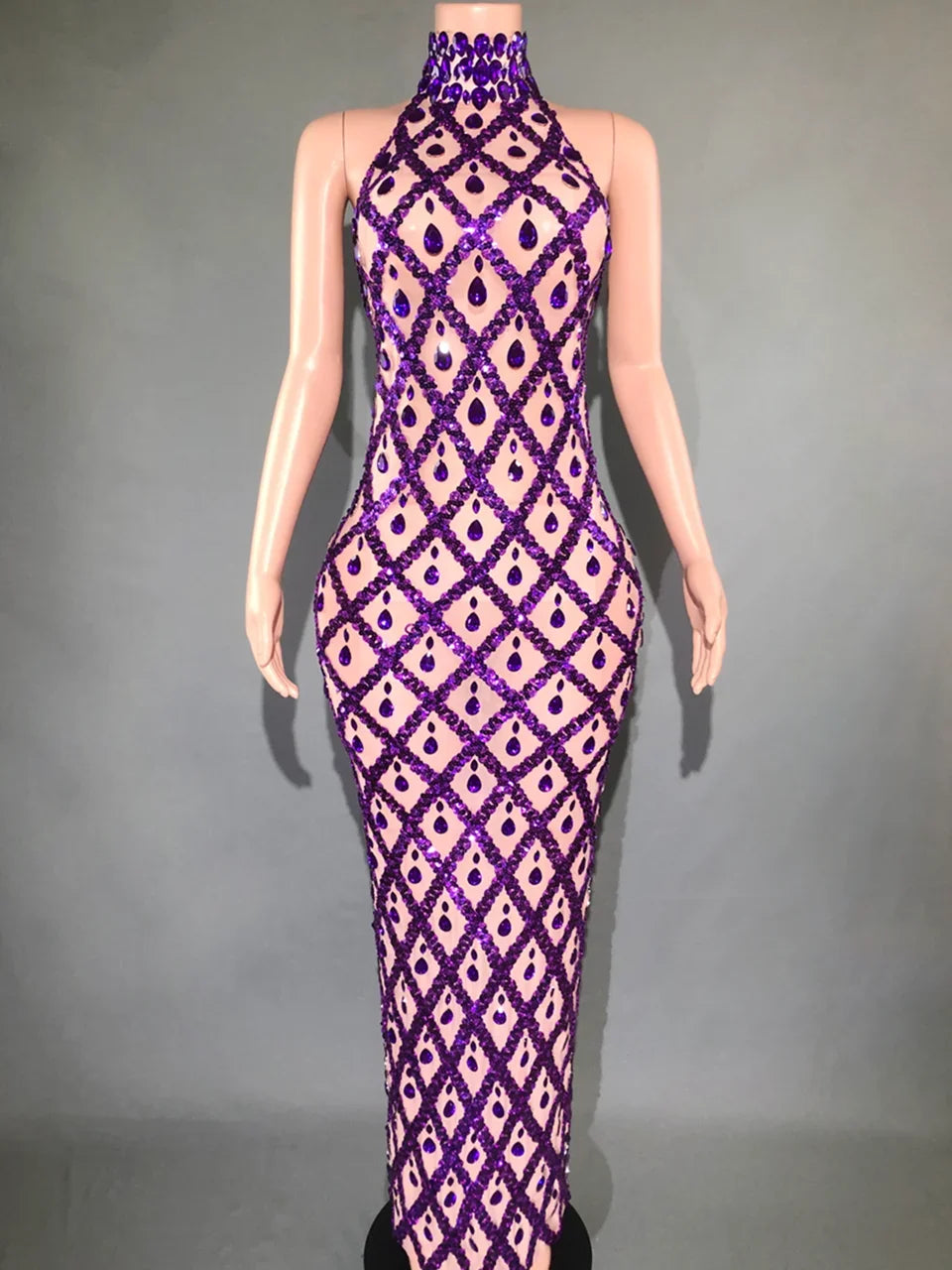 Sparkly Rhinestones Sleeveless Long Dress Elegant Dark Mesh Celebrate Evening Wedding Prom Gown Birthday Dress Photograph Wear