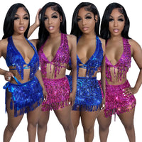 2023 Fashion Sequin Tassels Beach Skirt Three Piece Set Women Clothes Sexy Lace-up Bikini Sets Skirt Y2k Swimsuit Women Swimwear